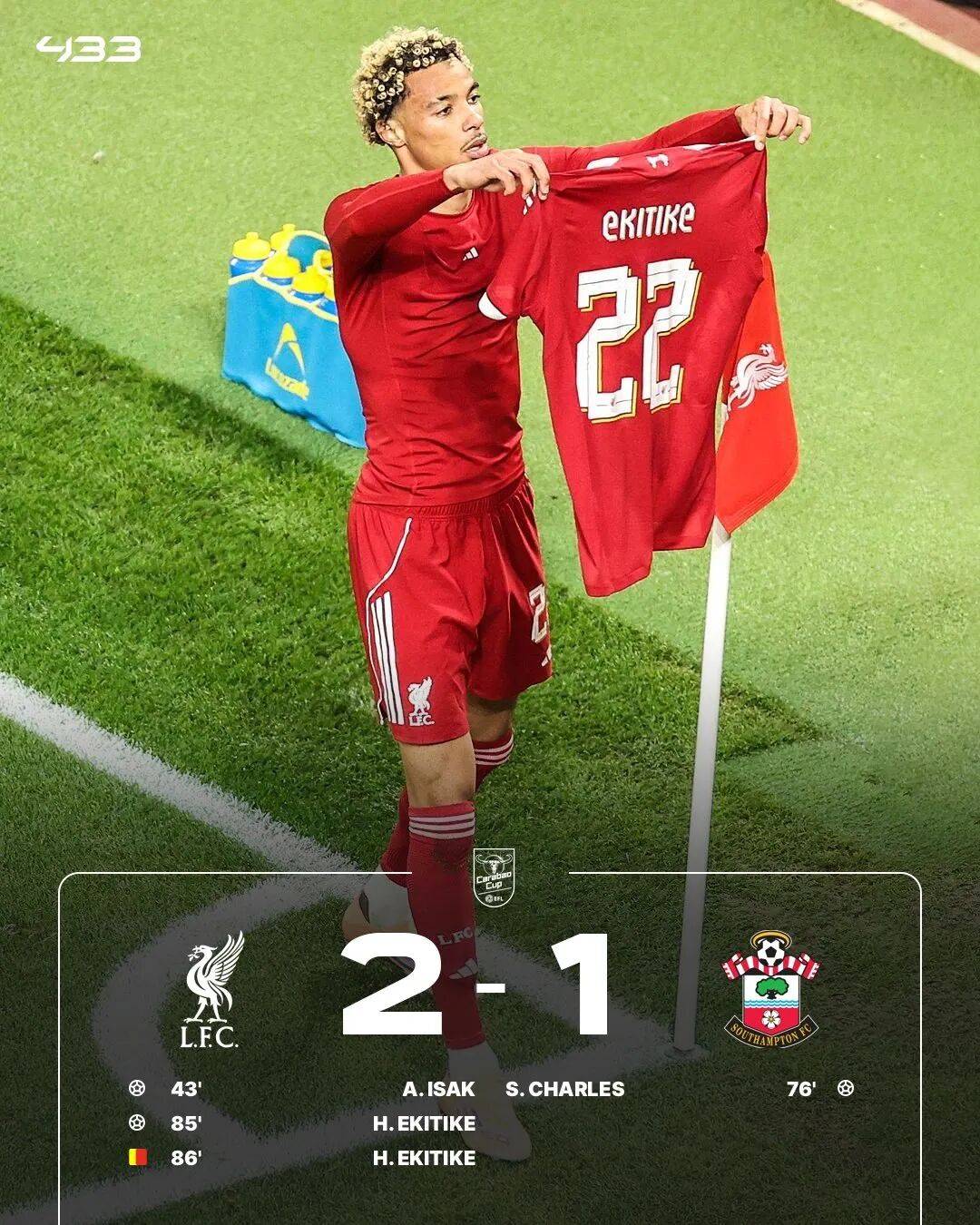 9you-利物浦2-1南安普顿:双中锋破门 埃基蒂克无脑染红